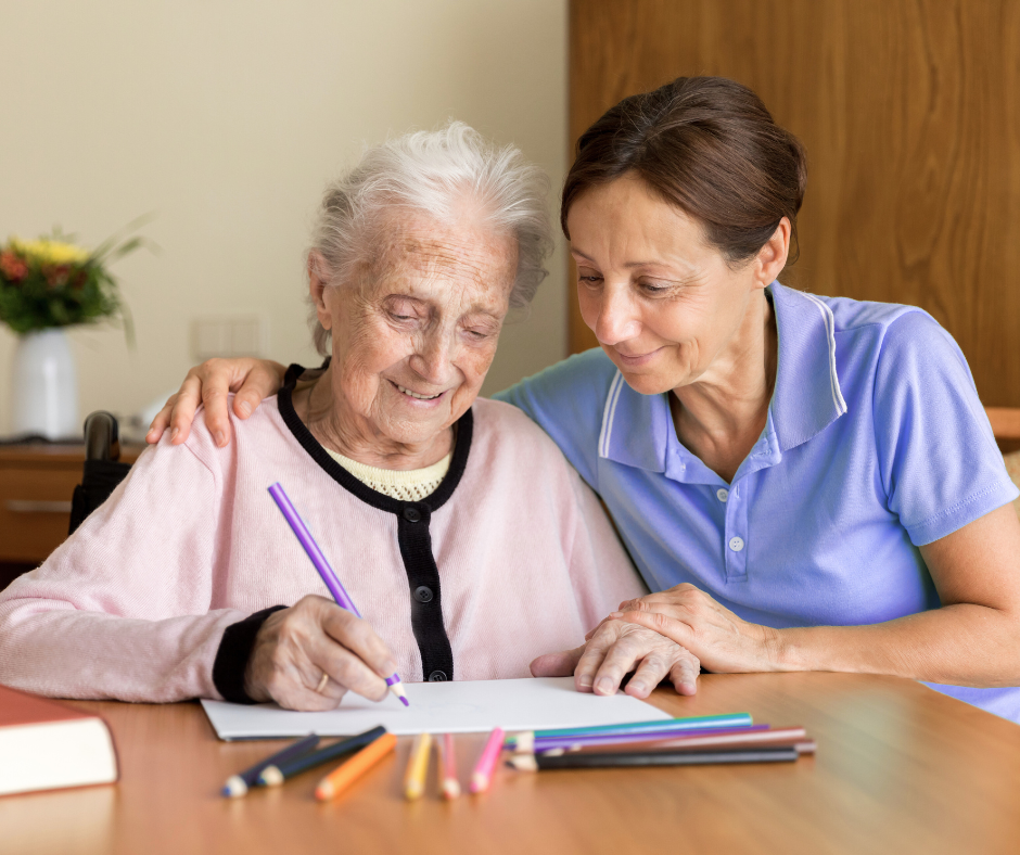 A senior with dementia receiving care from a compassionate caregiver.
